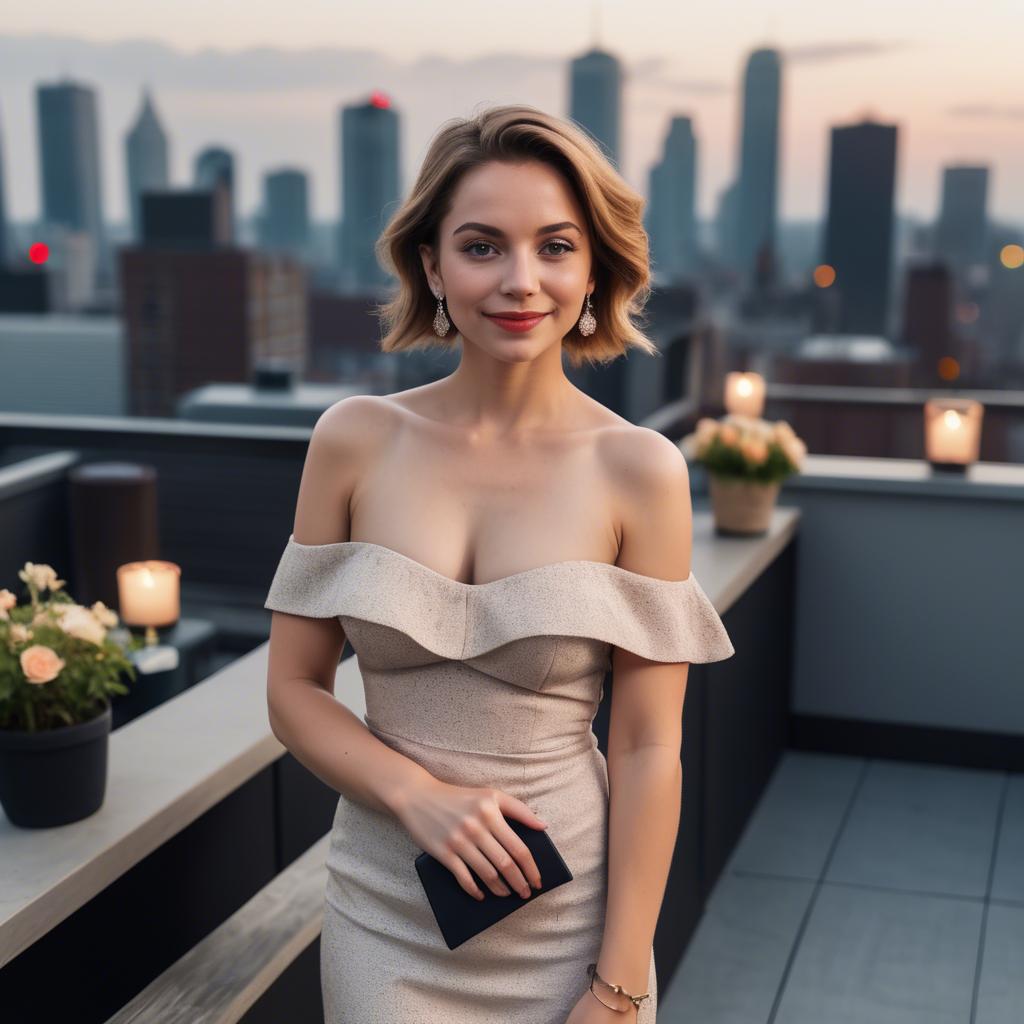 A stunning image of charming lady in an off-shoulder dress at a rooftop party.