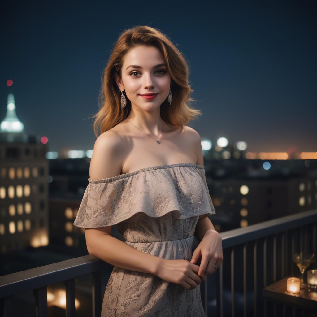 A stunning image of charming lady in an off-shoulder dress at a rooftop party.