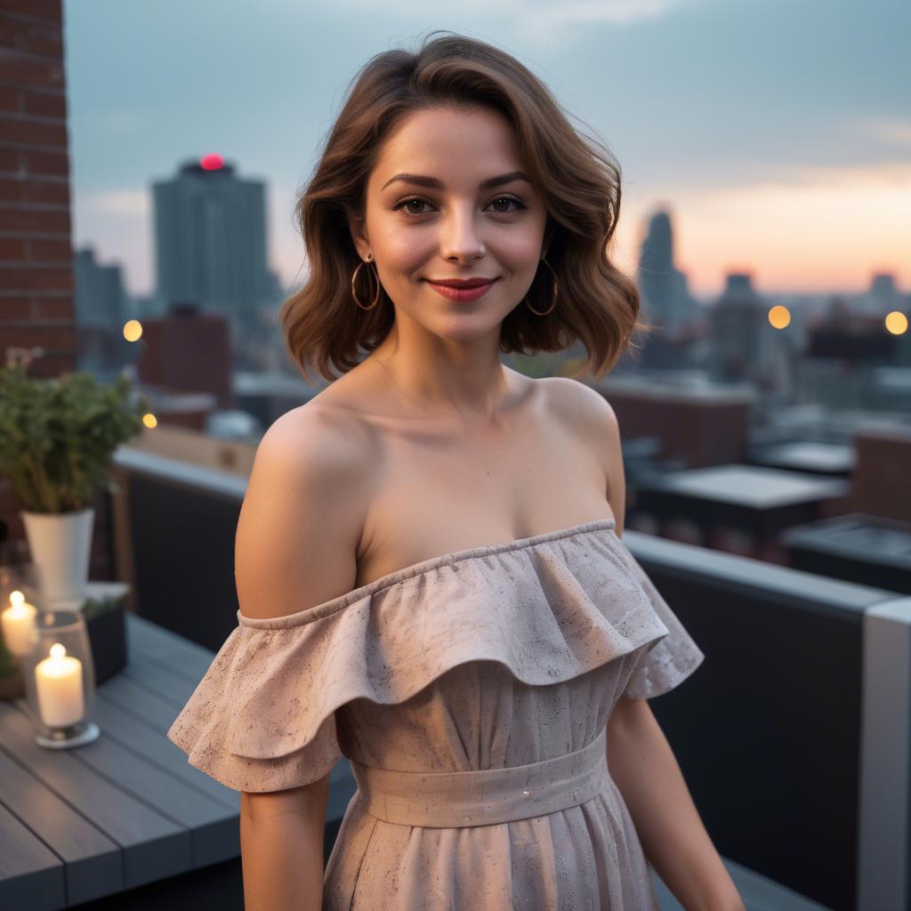 A stunning image of charming lady in an off-shoulder dress at a rooftop party.