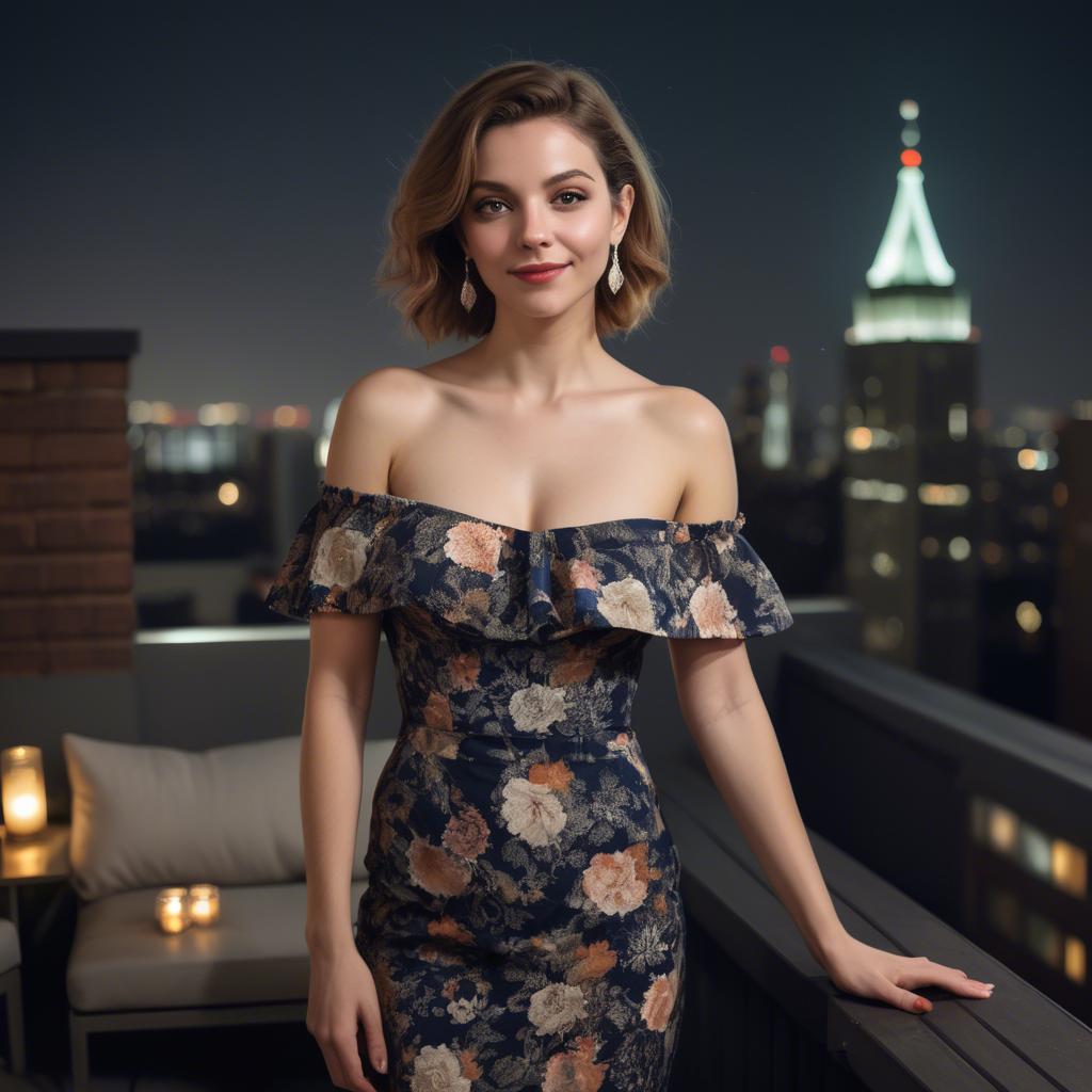 A stunning image of charming lady in an off-shoulder dress at a rooftop party.