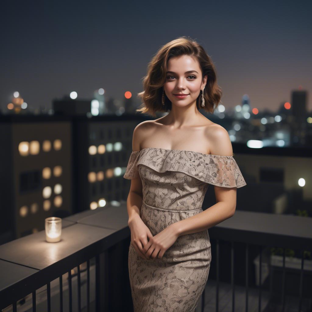 A stunning image of charming lady in an off-shoulder dress at a rooftop party.