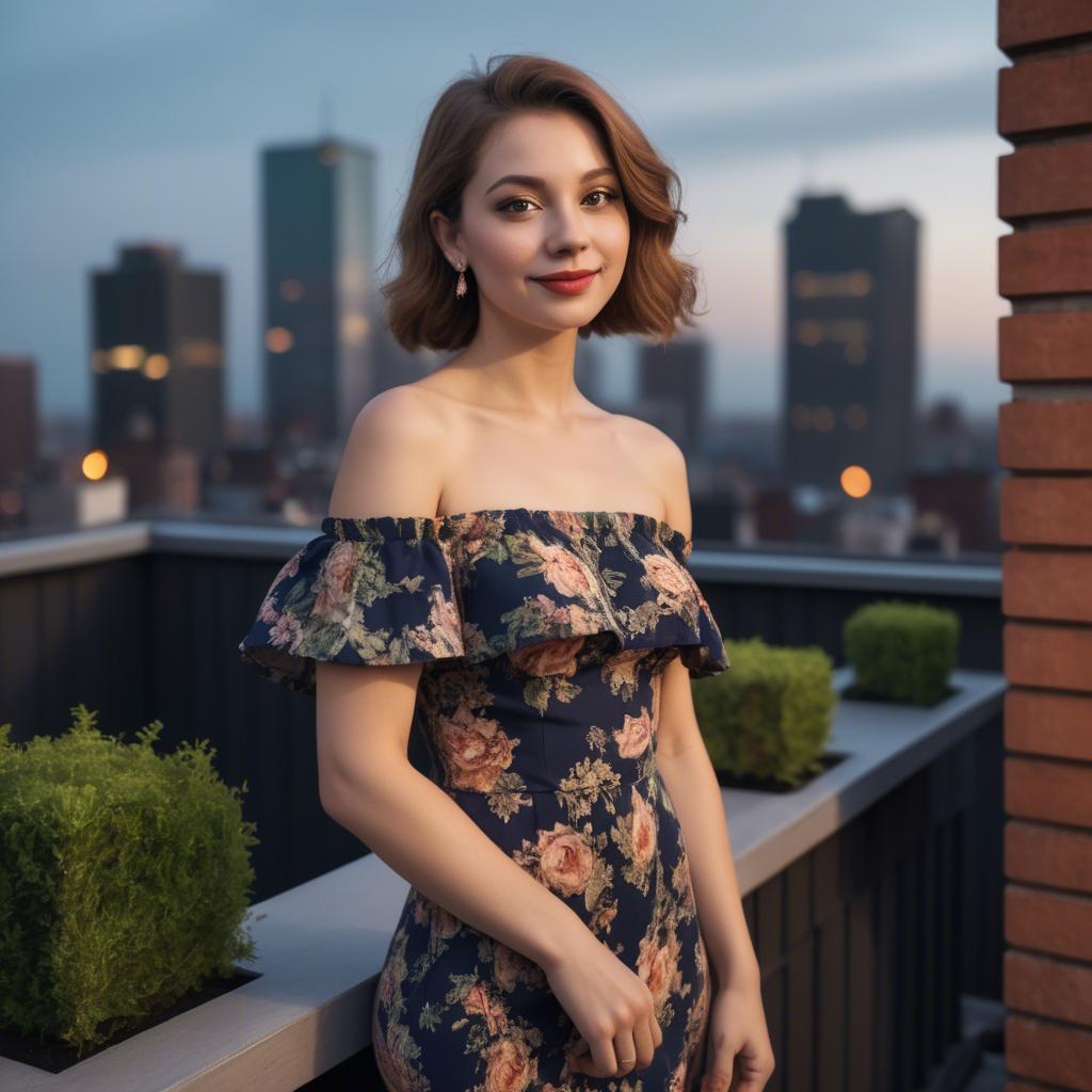 A stunning image of charming lady in an off-shoulder dress at a rooftop party.