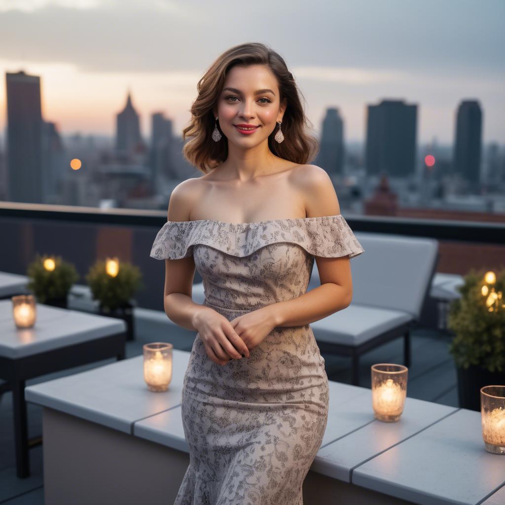 A stunning image of charming lady in an off-shoulder dress at a rooftop party.