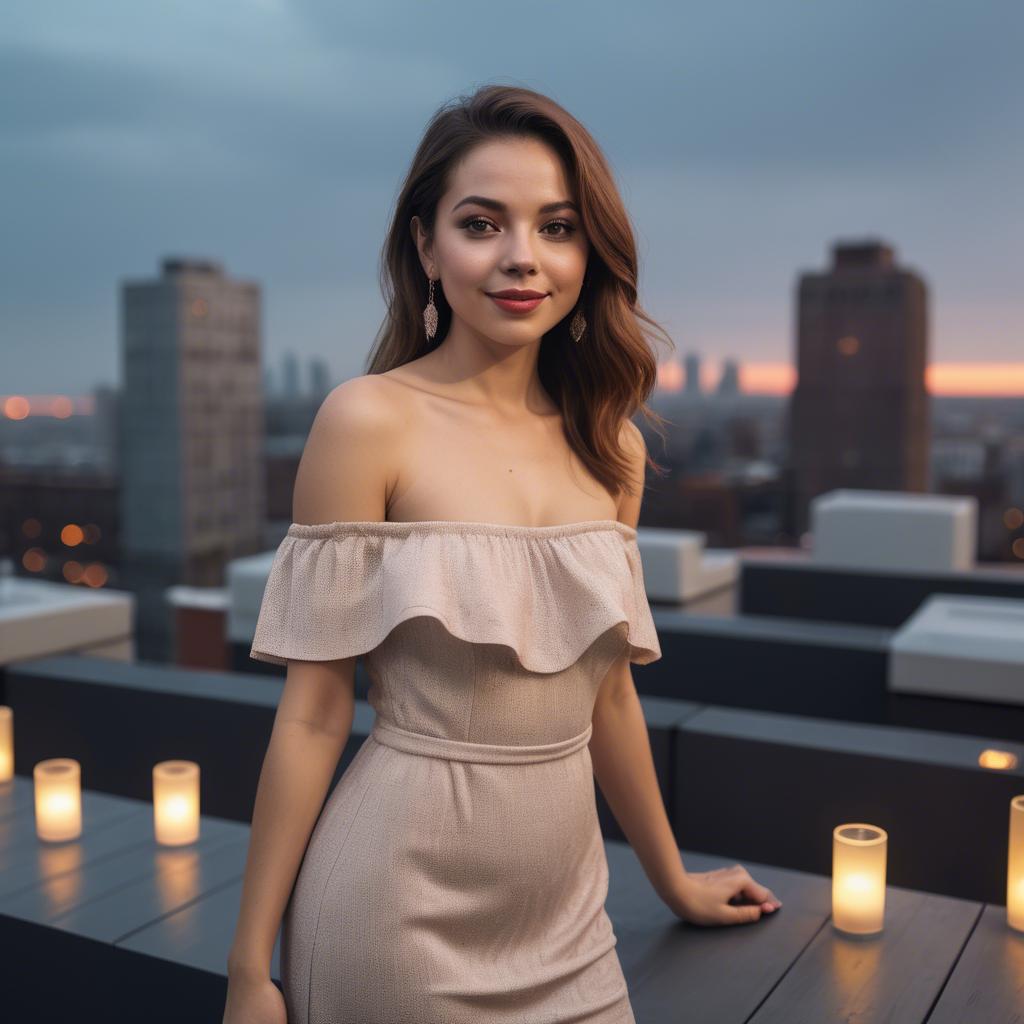 A stunning image of charming lady in an off-shoulder dress at a rooftop party.