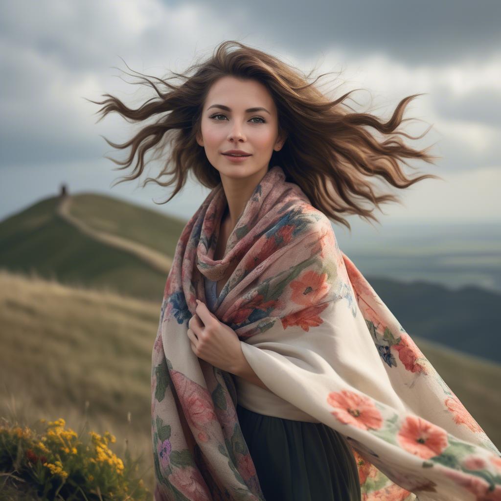 A stunning image of charming lady with a floral shawl on a windy hilltop.