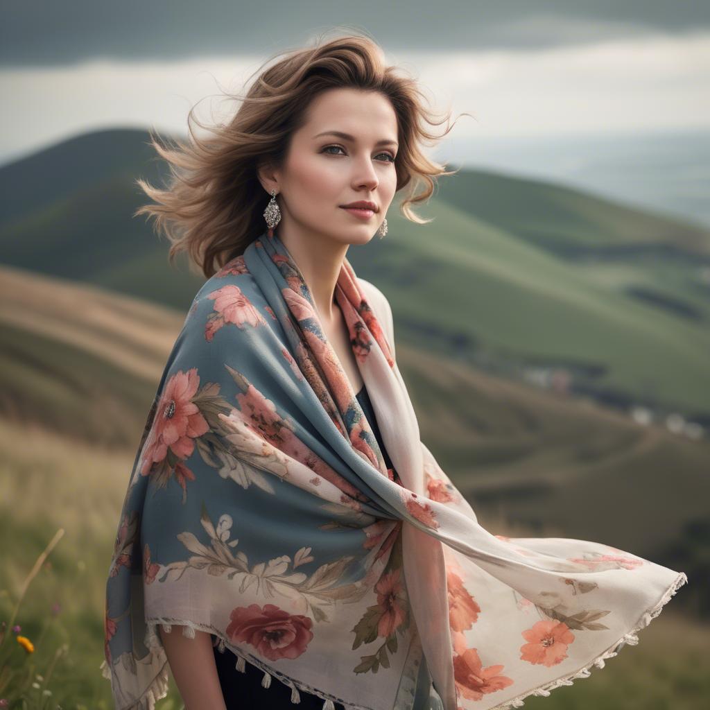 A stunning image of charming lady with a floral shawl on a windy hilltop.