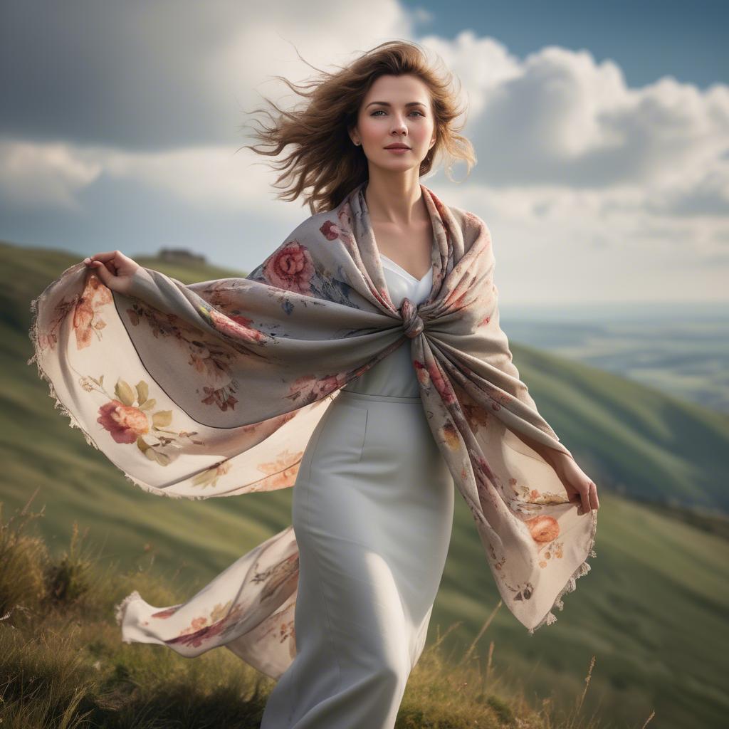A stunning image of charming lady with a floral shawl on a windy hilltop.