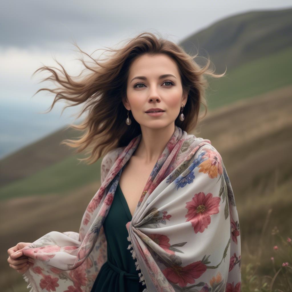 A stunning image of charming lady with a floral shawl on a windy hilltop.