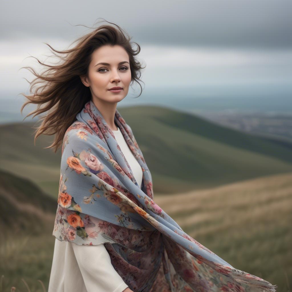 A stunning image of charming lady with a floral shawl on a windy hilltop.