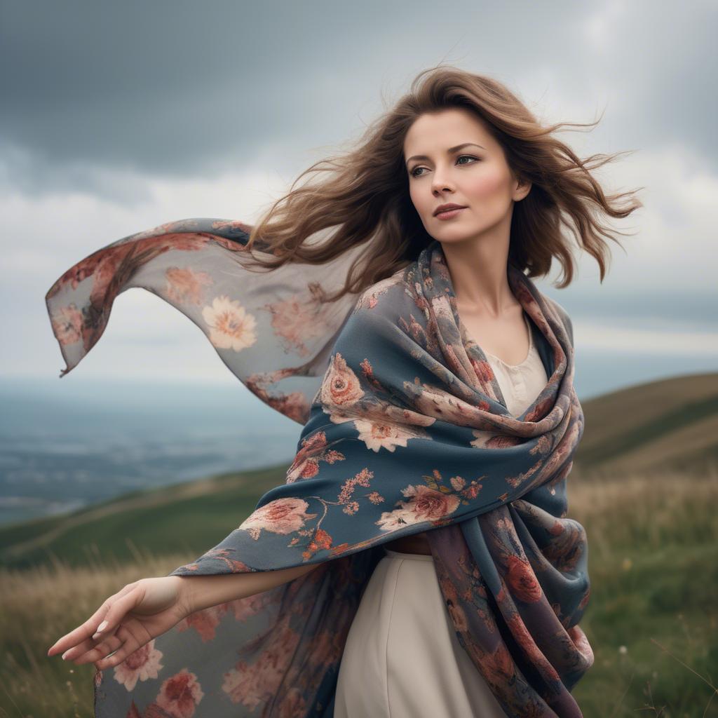 A stunning image of charming lady with a floral shawl on a windy hilltop.