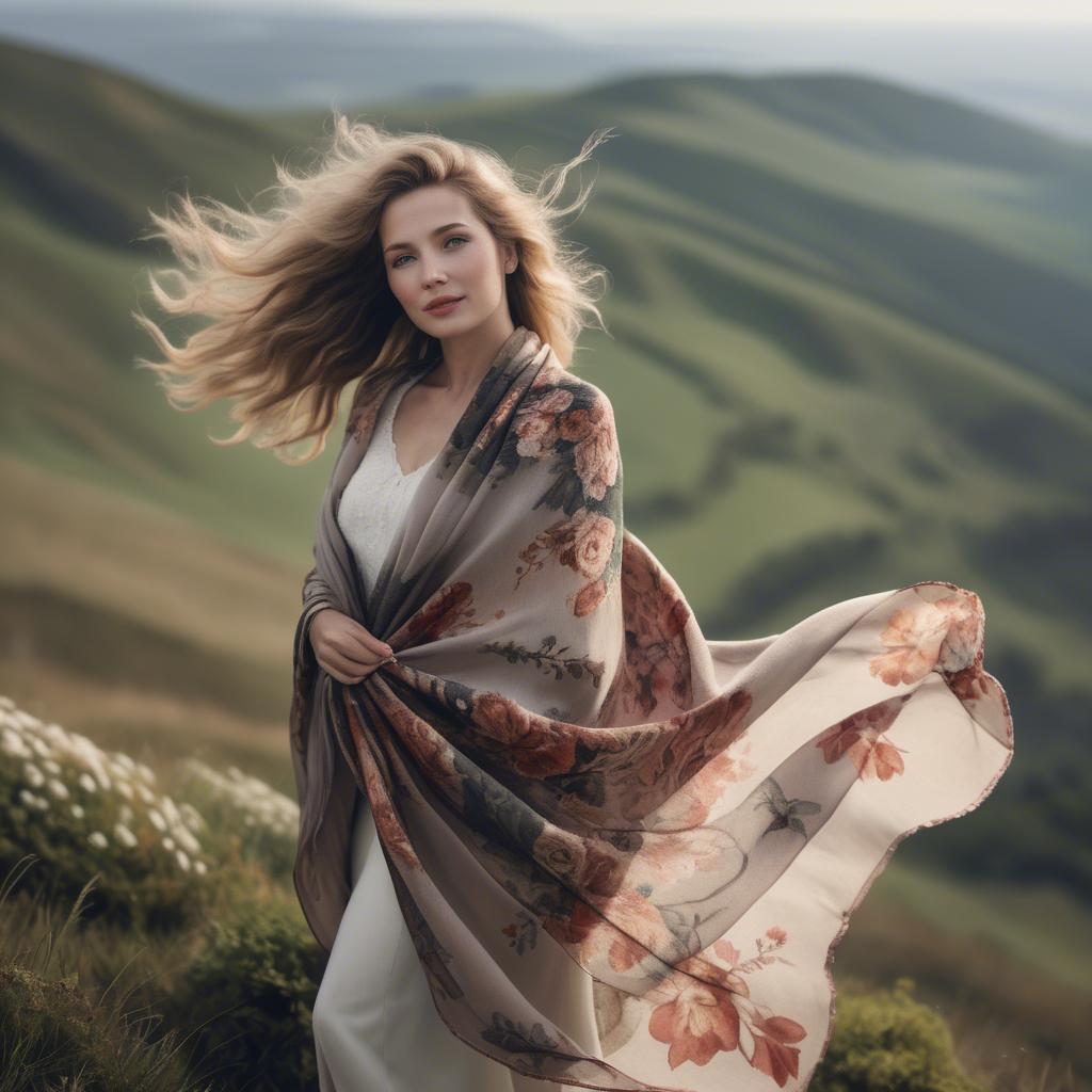 A stunning image of charming lady with a floral shawl on a windy hilltop.