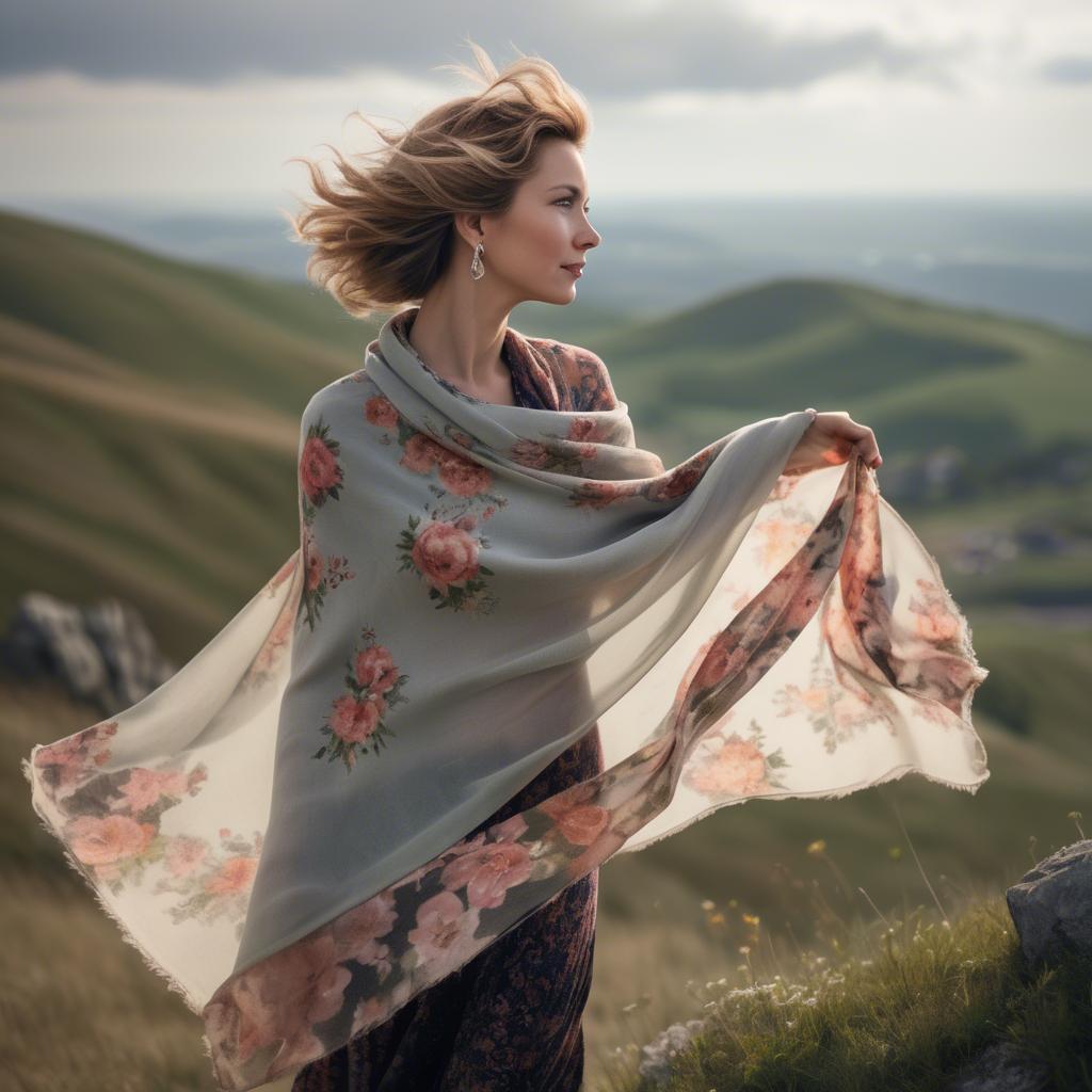 A stunning image of charming lady with a floral shawl on a windy hilltop.