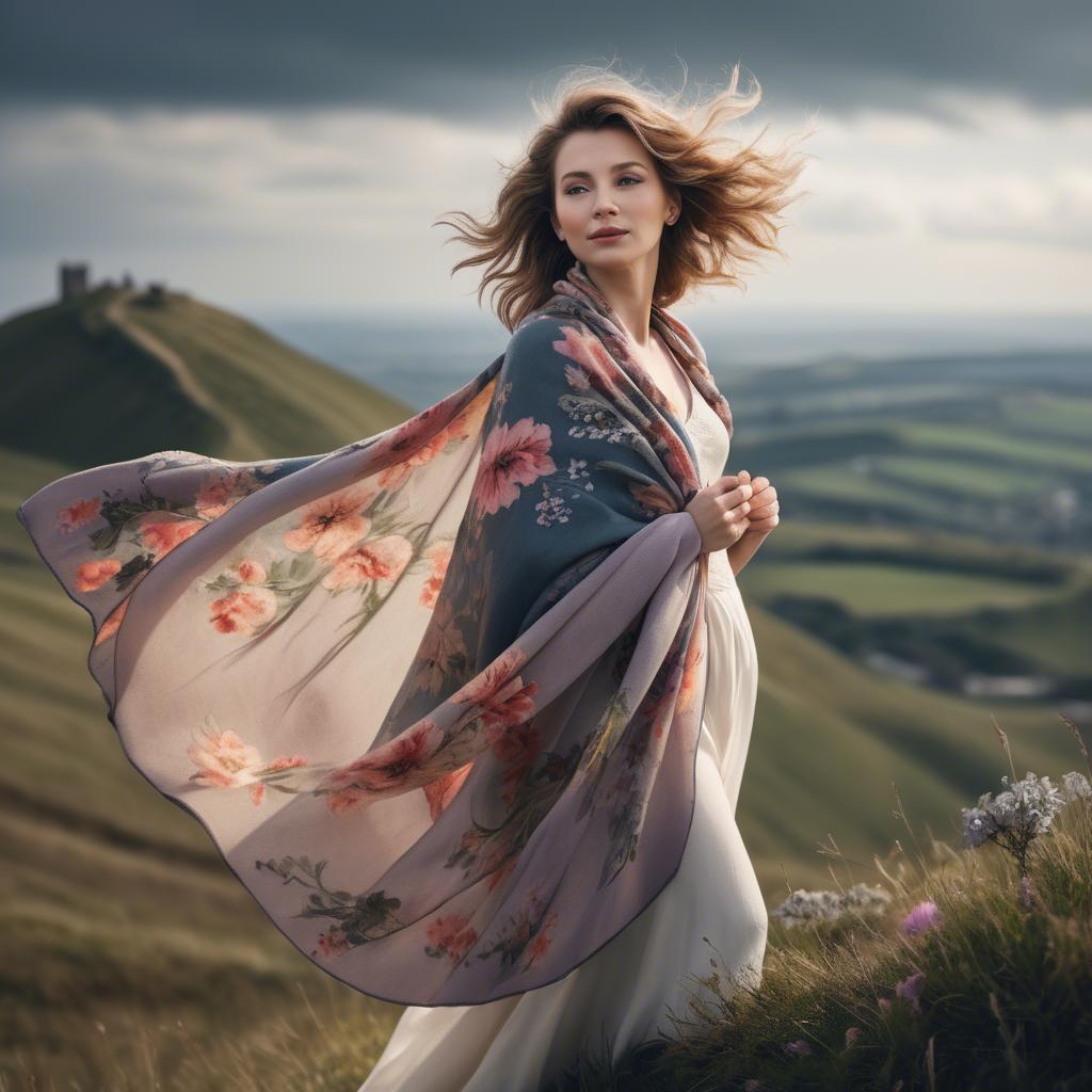 A stunning image of charming lady with a floral shawl on a windy hilltop.