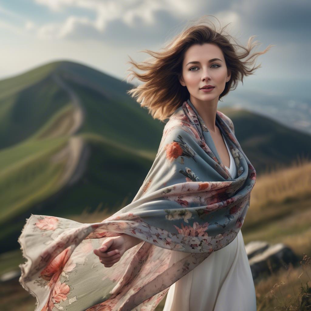 A stunning image of charming lady with a floral shawl on a windy hilltop.