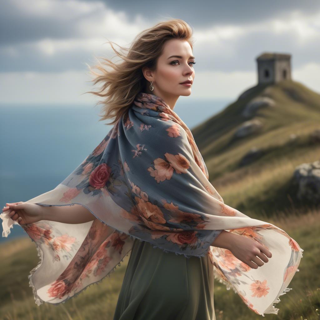 A stunning image of charming lady with a floral shawl on a windy hilltop.
