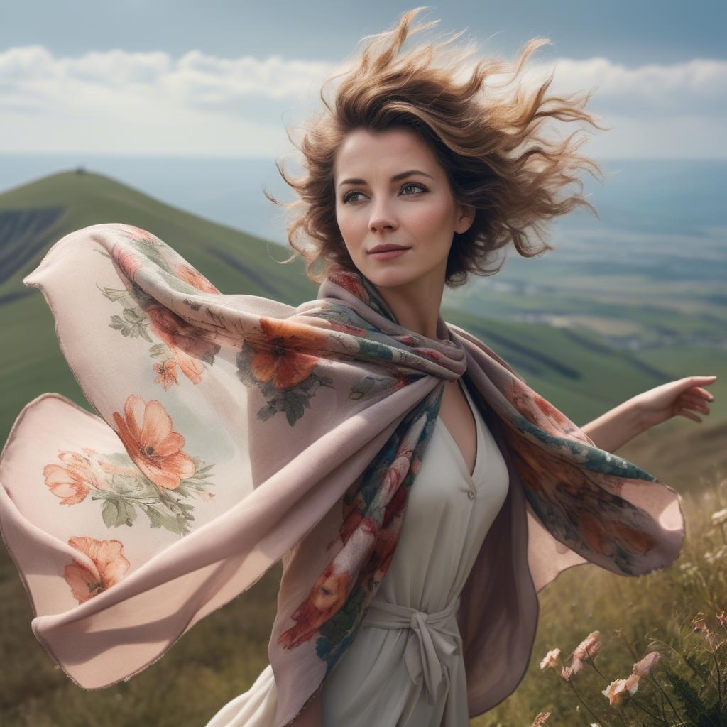 A stunning image of charming lady with a floral shawl on a windy hilltop.