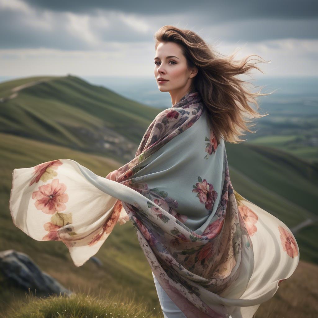 A stunning image of charming lady with a floral shawl on a windy hilltop.