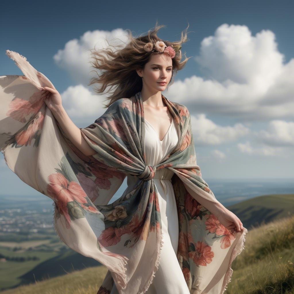 A stunning image of charming lady with a floral shawl on a windy hilltop.