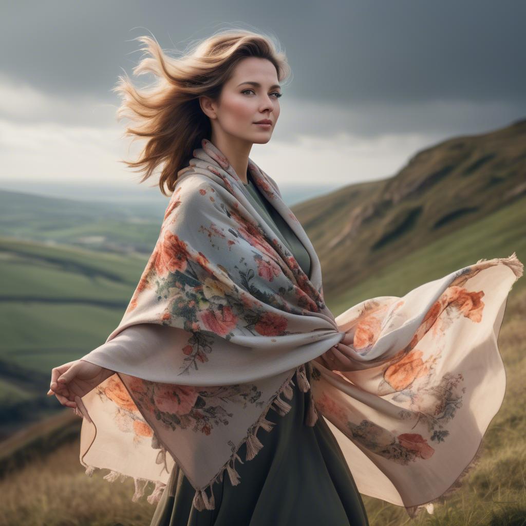 A stunning image of charming lady with a floral shawl on a windy hilltop.