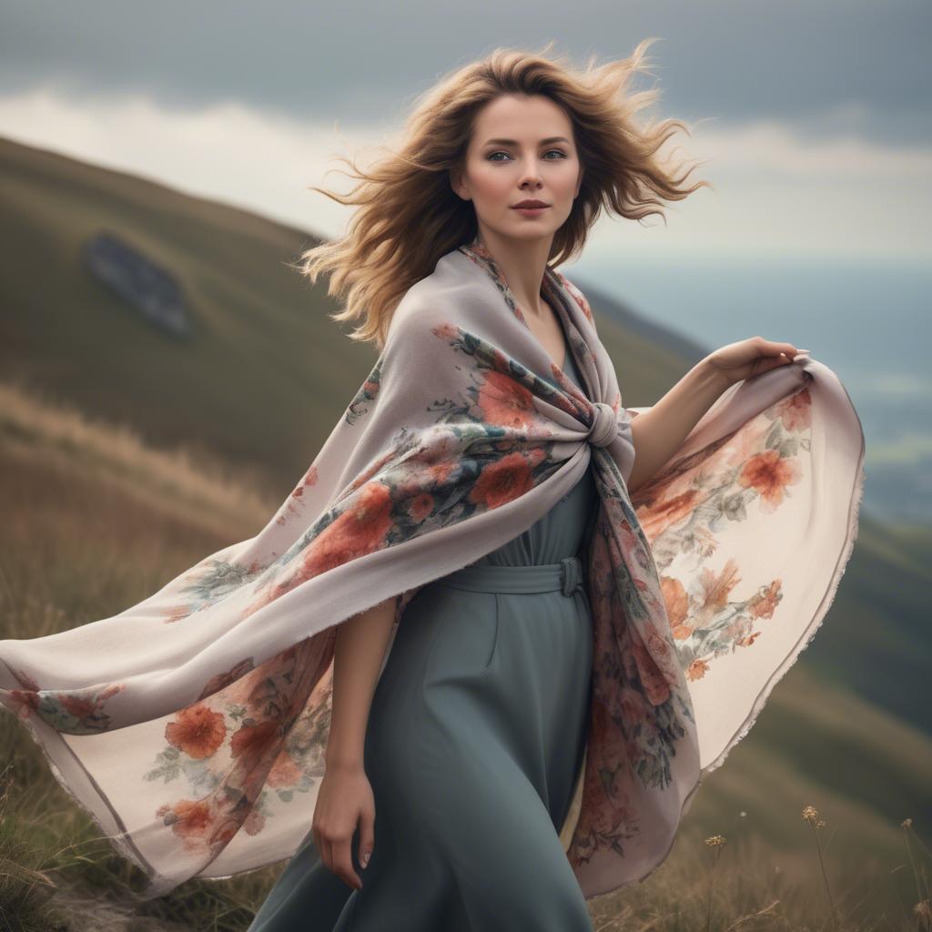 A stunning image of charming lady with a floral shawl on a windy hilltop.