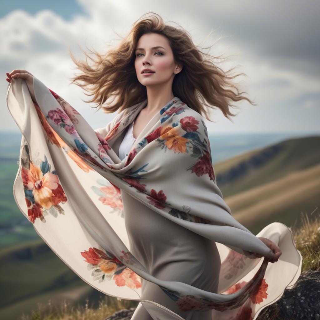A stunning image of charming lady with a floral shawl on a windy hilltop.
