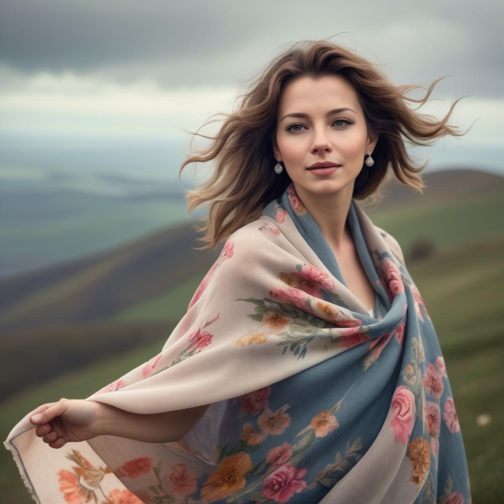 A stunning image of charming lady with a floral shawl on a windy hilltop.