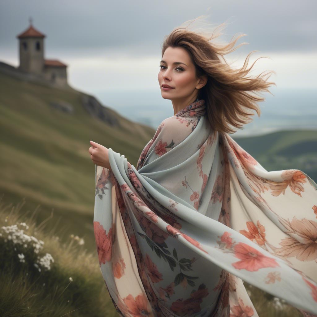 A stunning image of charming lady with a floral shawl on a windy hilltop.