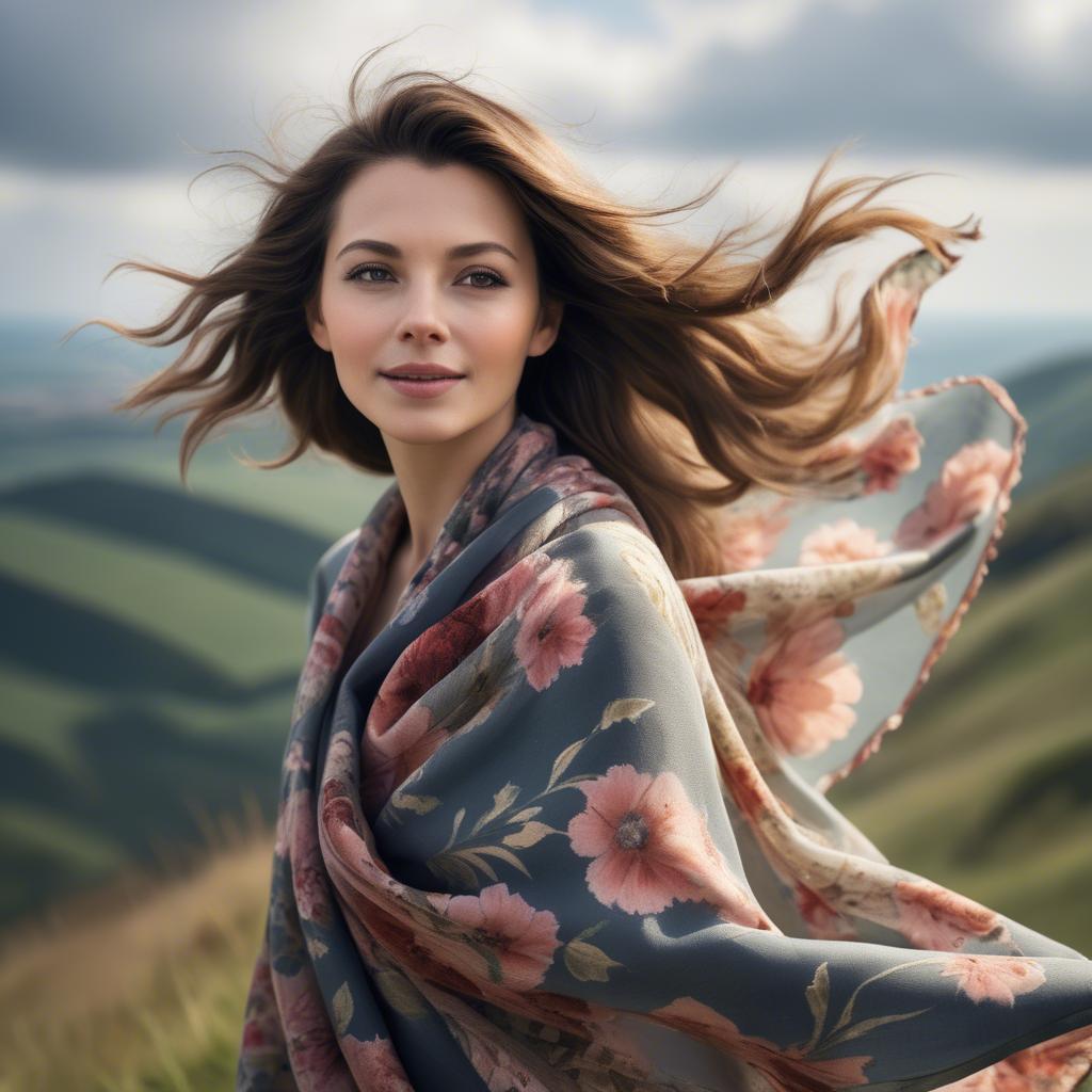 A stunning image of charming lady with a floral shawl on a windy hilltop.