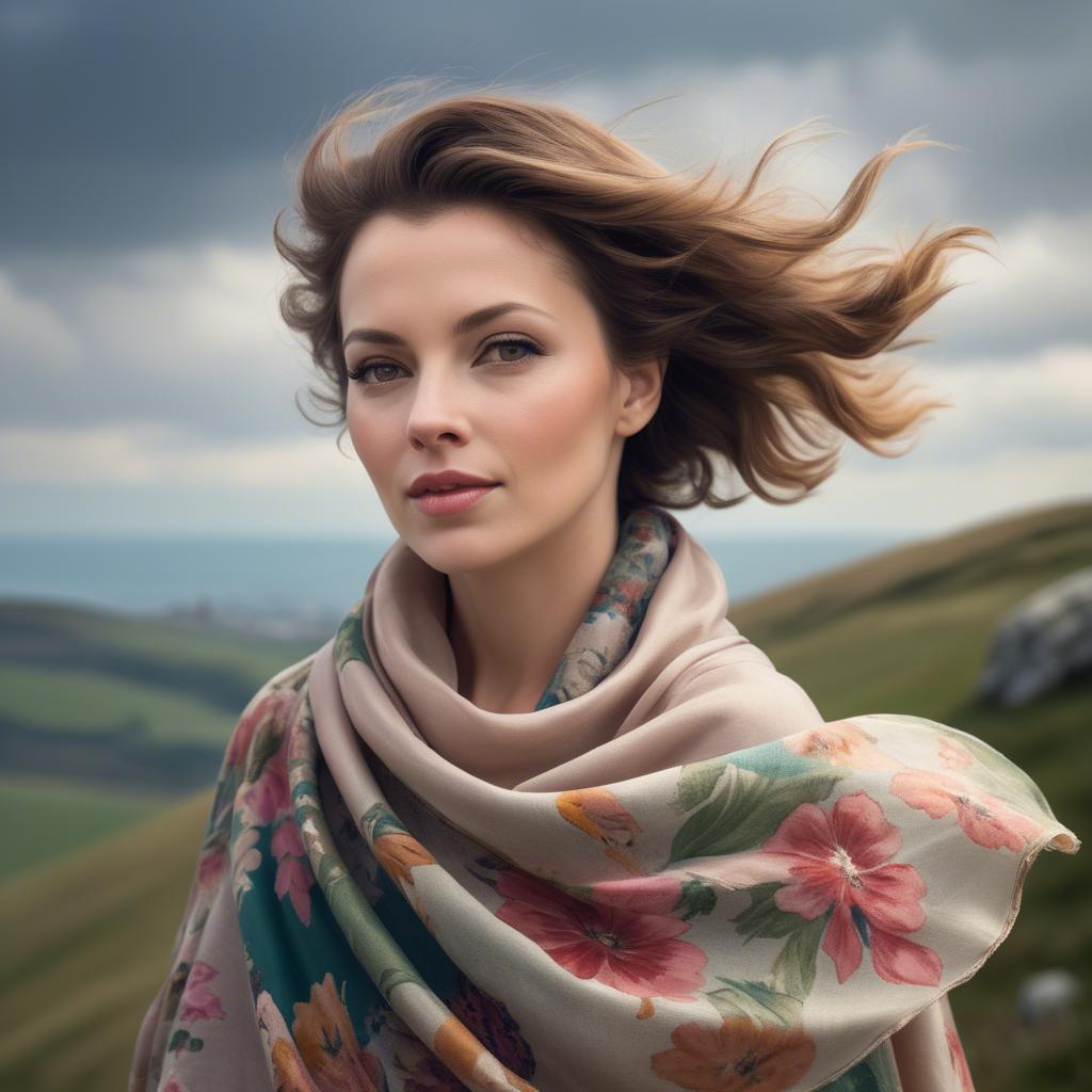 A stunning image of charming lady with a floral shawl on a windy hilltop.