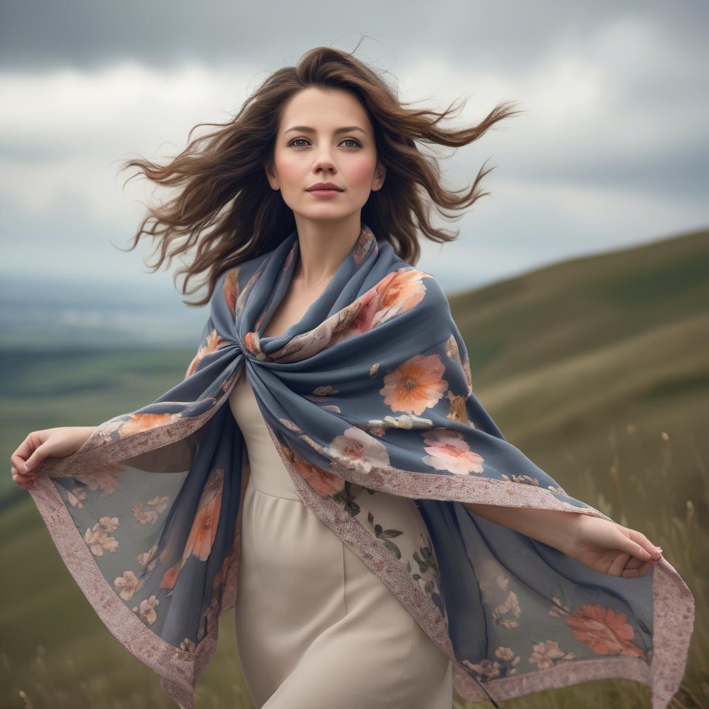 A stunning image of charming lady with a floral shawl on a windy hilltop.