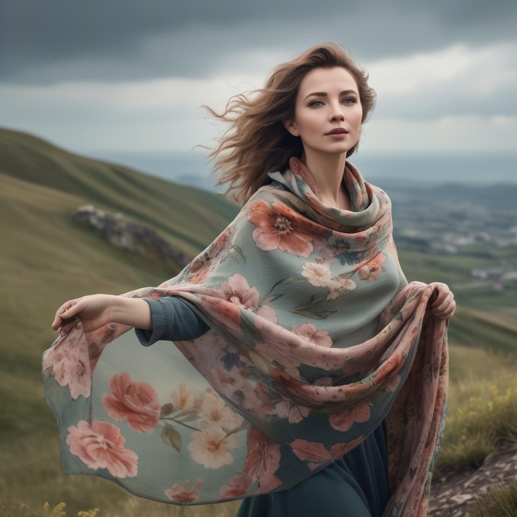 A stunning image of charming lady with a floral shawl on a windy hilltop.