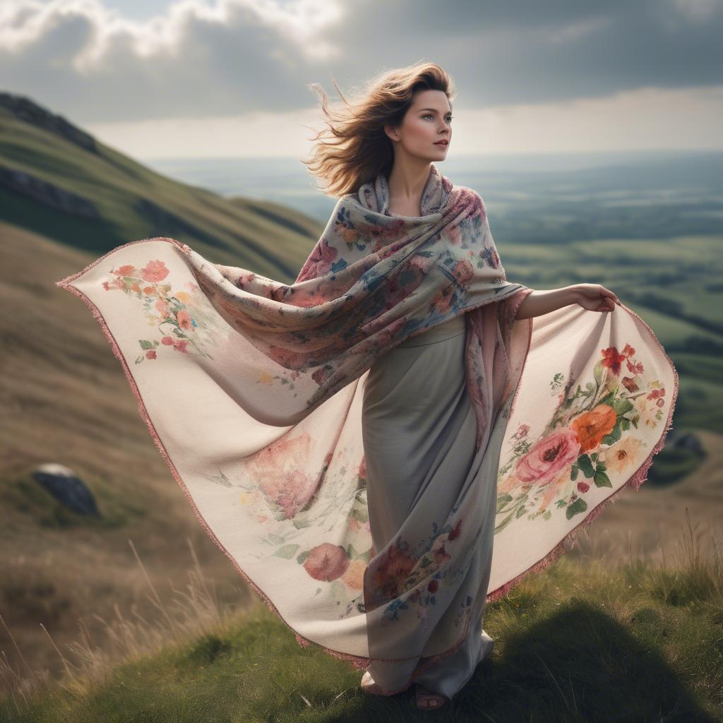 A stunning image of charming lady with a floral shawl on a windy hilltop.