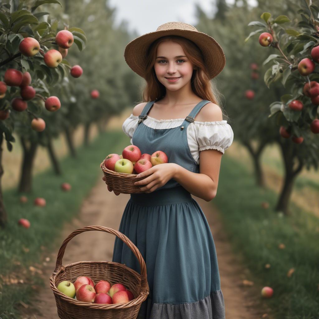 A stunning image of charming rural girl holding a basket of apples.