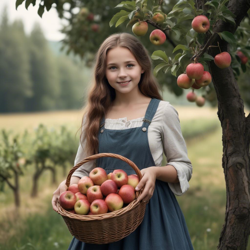 A stunning image of charming rural girl holding a basket of apples.