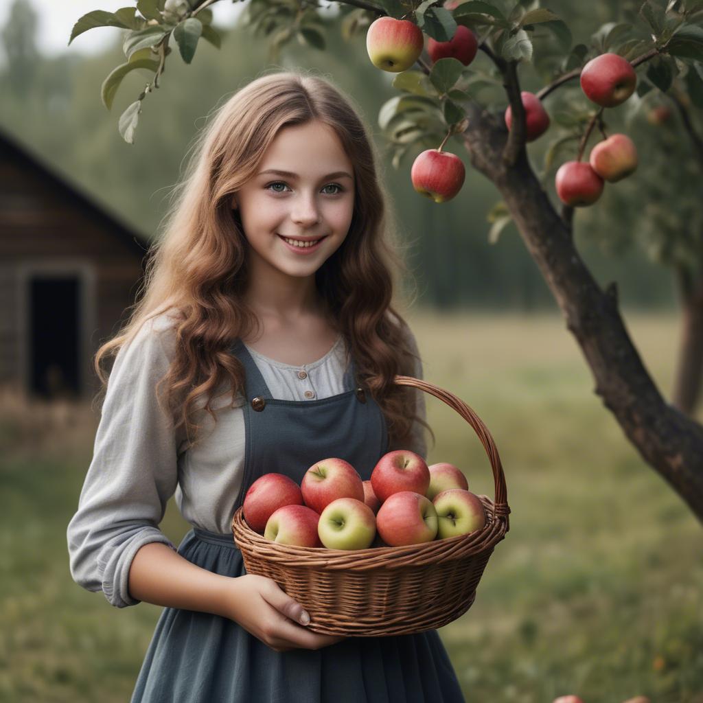 A stunning image of charming rural girl holding a basket of apples.