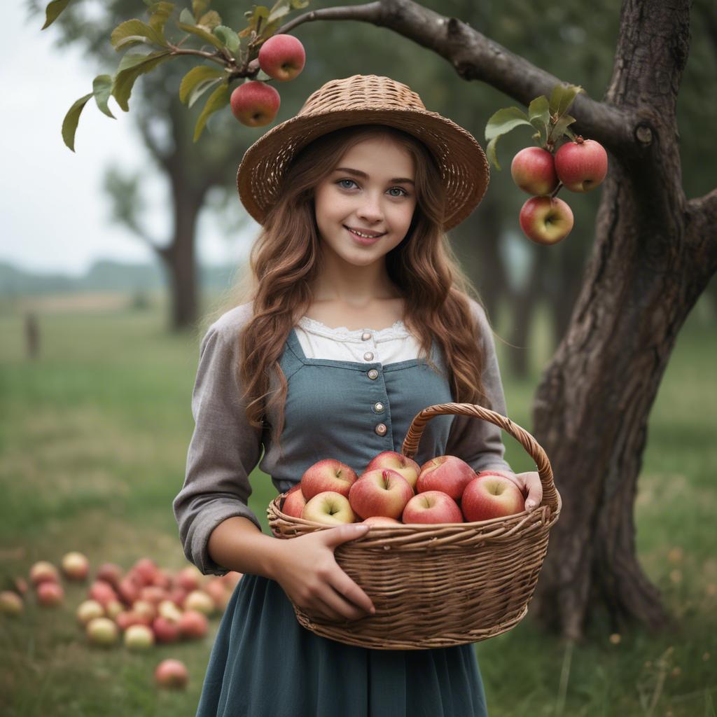 A stunning image of charming rural girl holding a basket of apples.