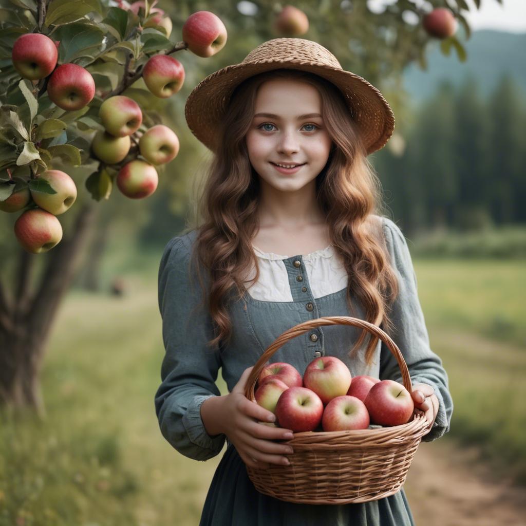 A stunning image of charming rural girl holding a basket of apples.