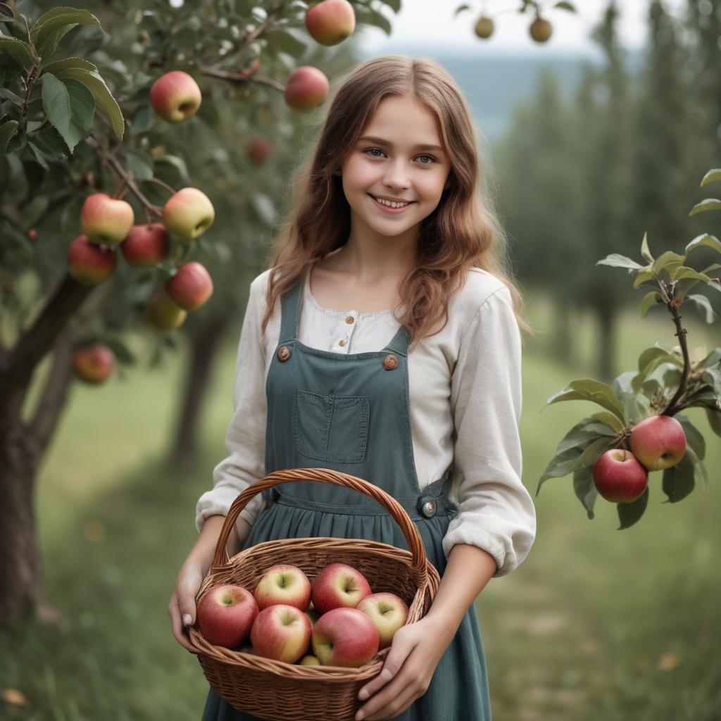 A stunning image of charming rural girl holding a basket of apples.