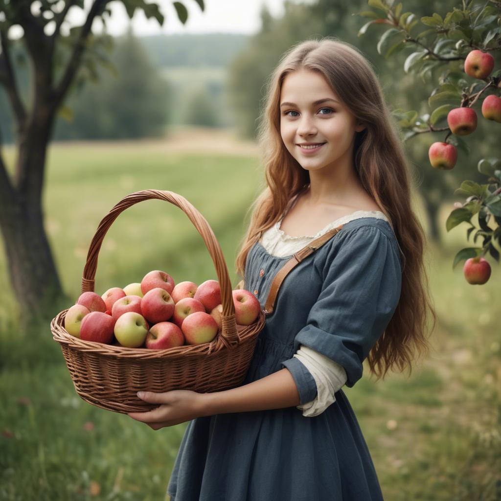 A stunning image of charming rural girl holding a basket of apples.