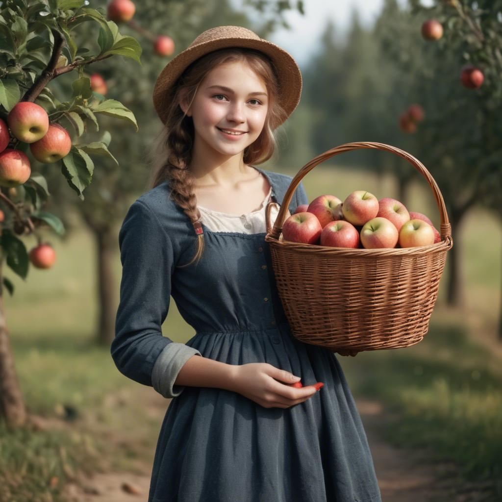 A stunning image of charming rural girl holding a basket of apples.
