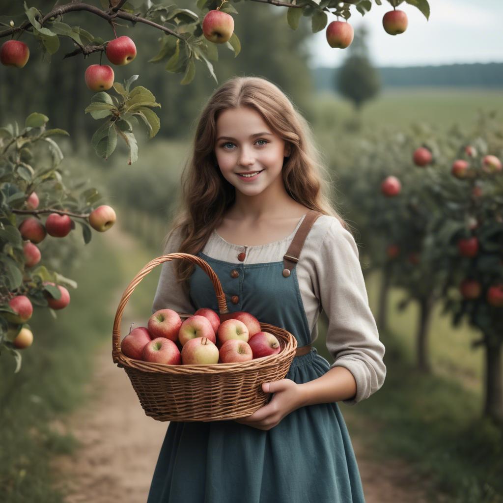 A stunning image of charming rural girl holding a basket of apples.