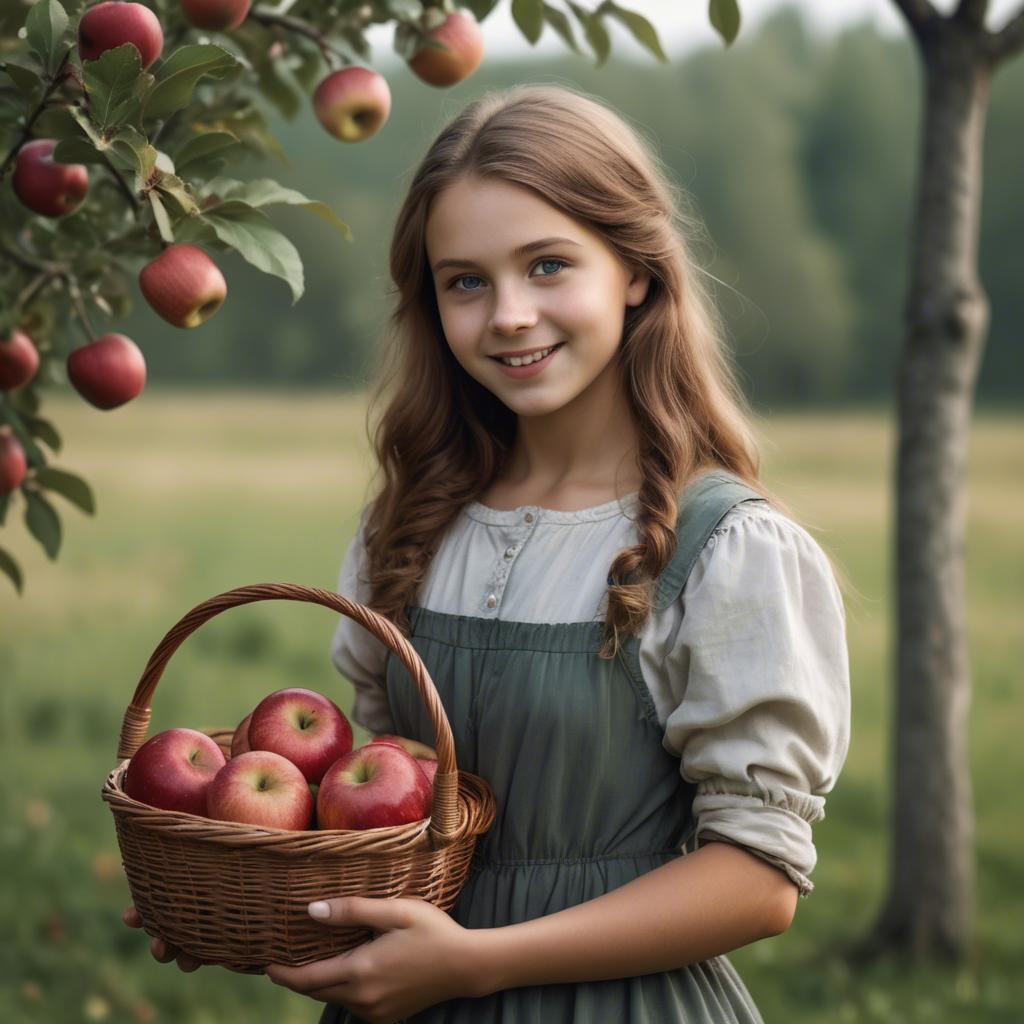 A stunning image of charming rural girl holding a basket of apples.