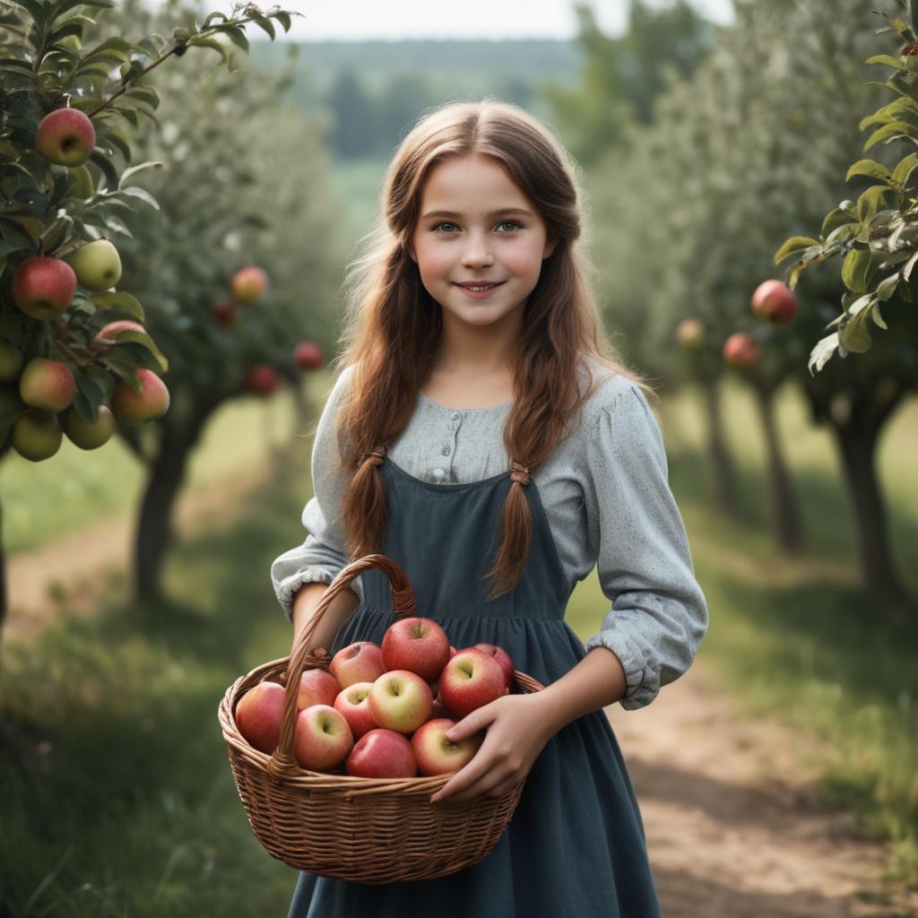 A stunning image of charming rural girl holding a basket of apples.