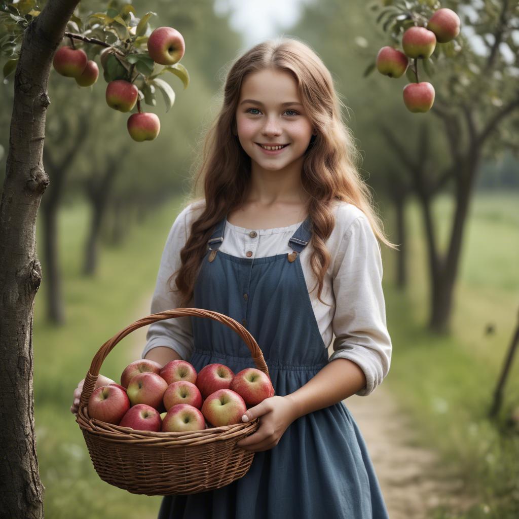 A stunning image of charming rural girl holding a basket of apples.