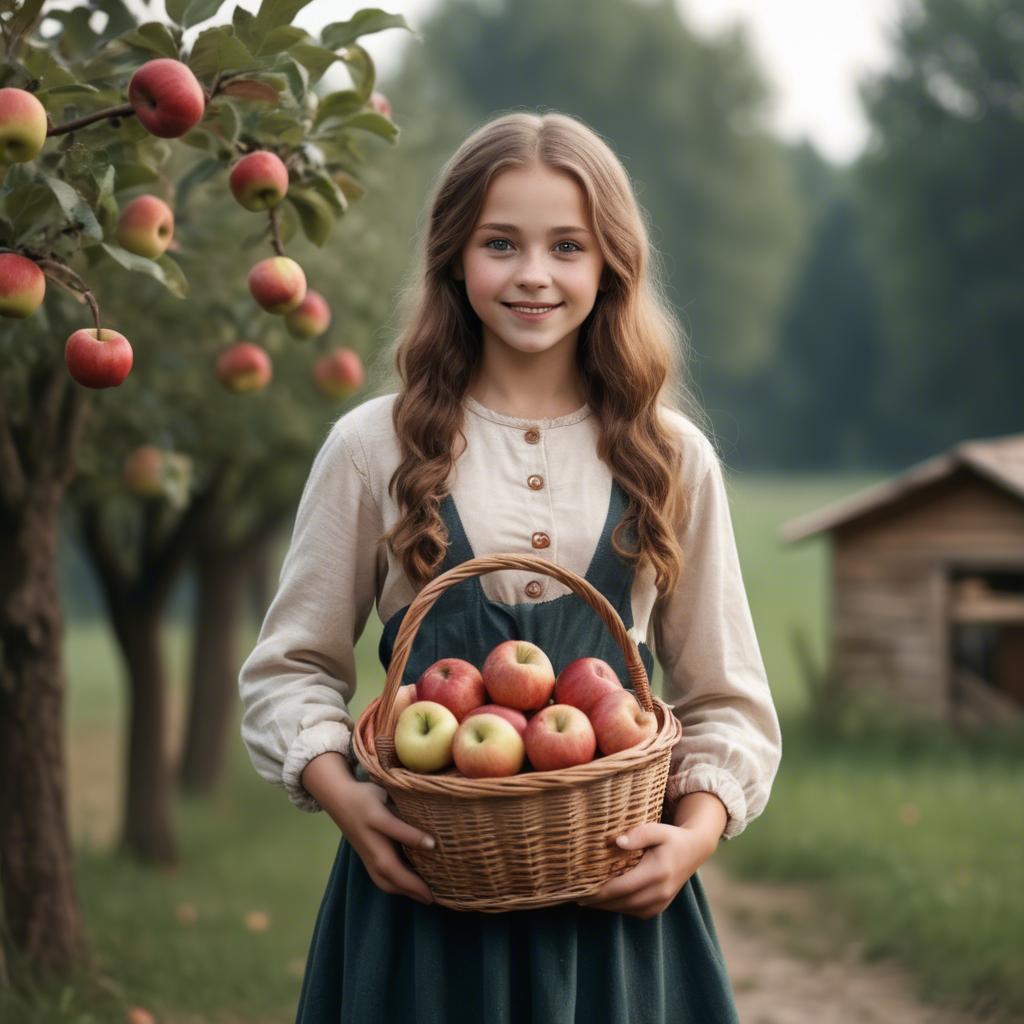 A stunning image of charming rural girl holding a basket of apples.