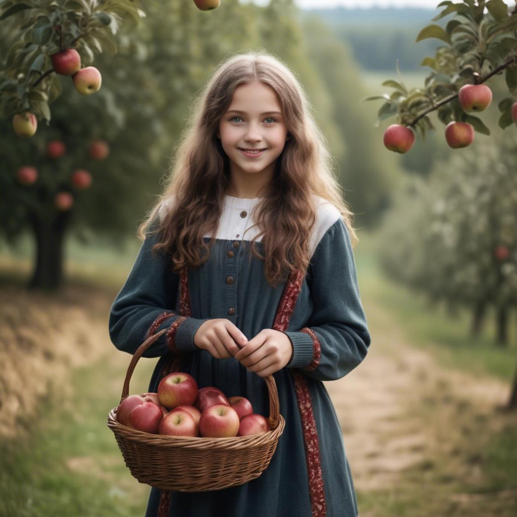 A stunning image of charming rural girl holding a basket of apples.