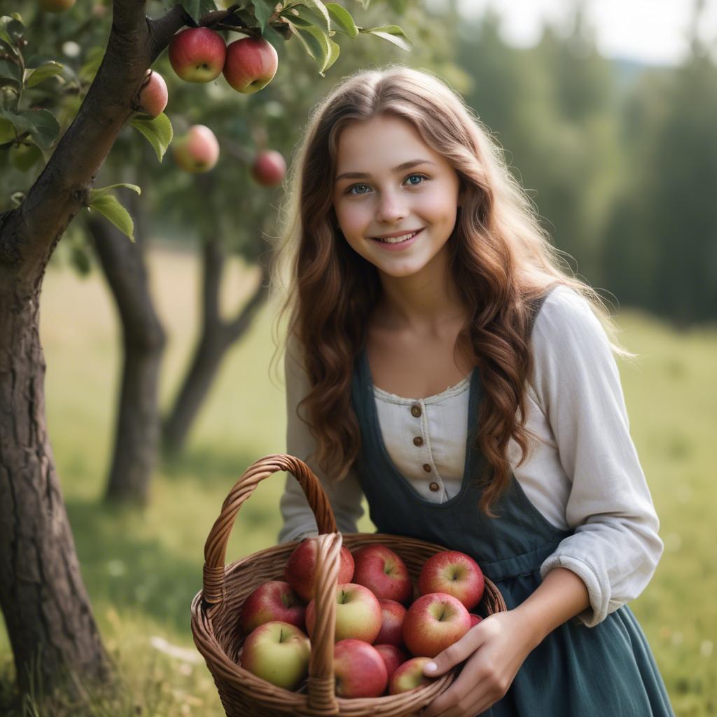 A stunning image of charming rural girl holding a basket of apples.