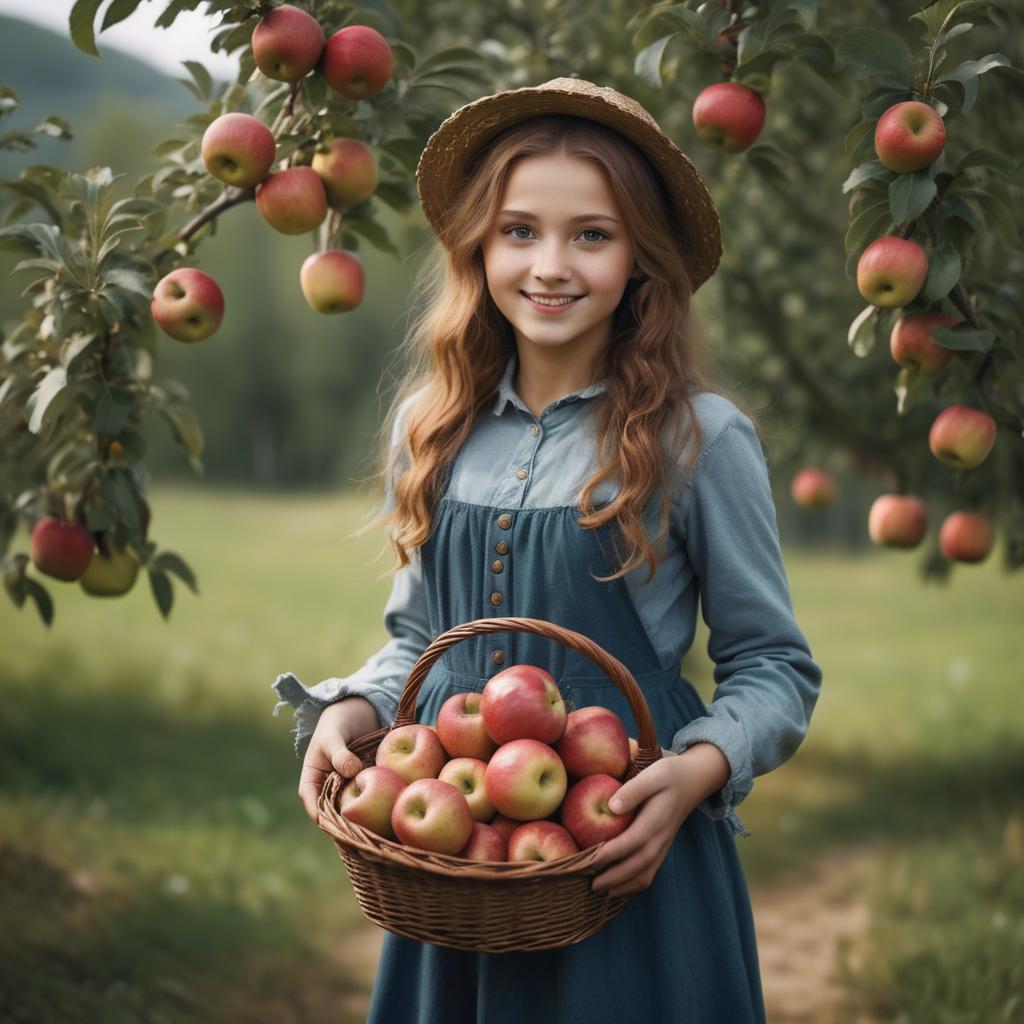 A stunning image of charming rural girl holding a basket of apples.