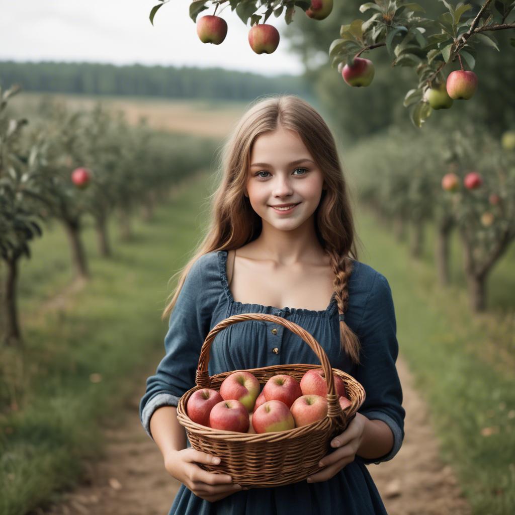 A stunning image of charming rural girl holding a basket of apples.