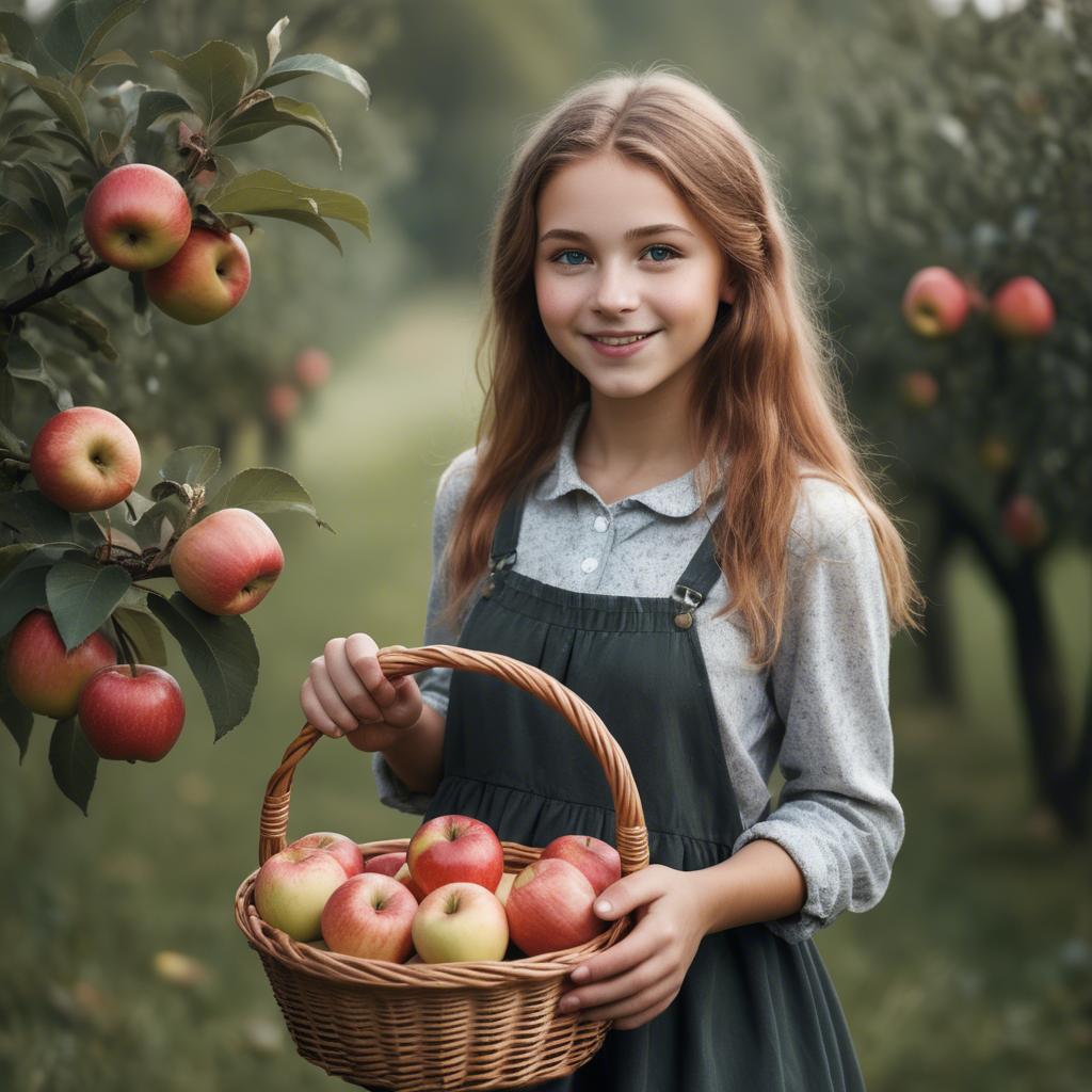 A stunning image of charming rural girl holding a basket of apples.